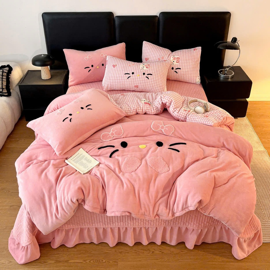 Set vỏ chăn ga gối nỉ nhung thêu kity xinh xắn - ga trần phủ bèo mềm mại chất nỉ ấm áp xinh yêu (vỏ 
