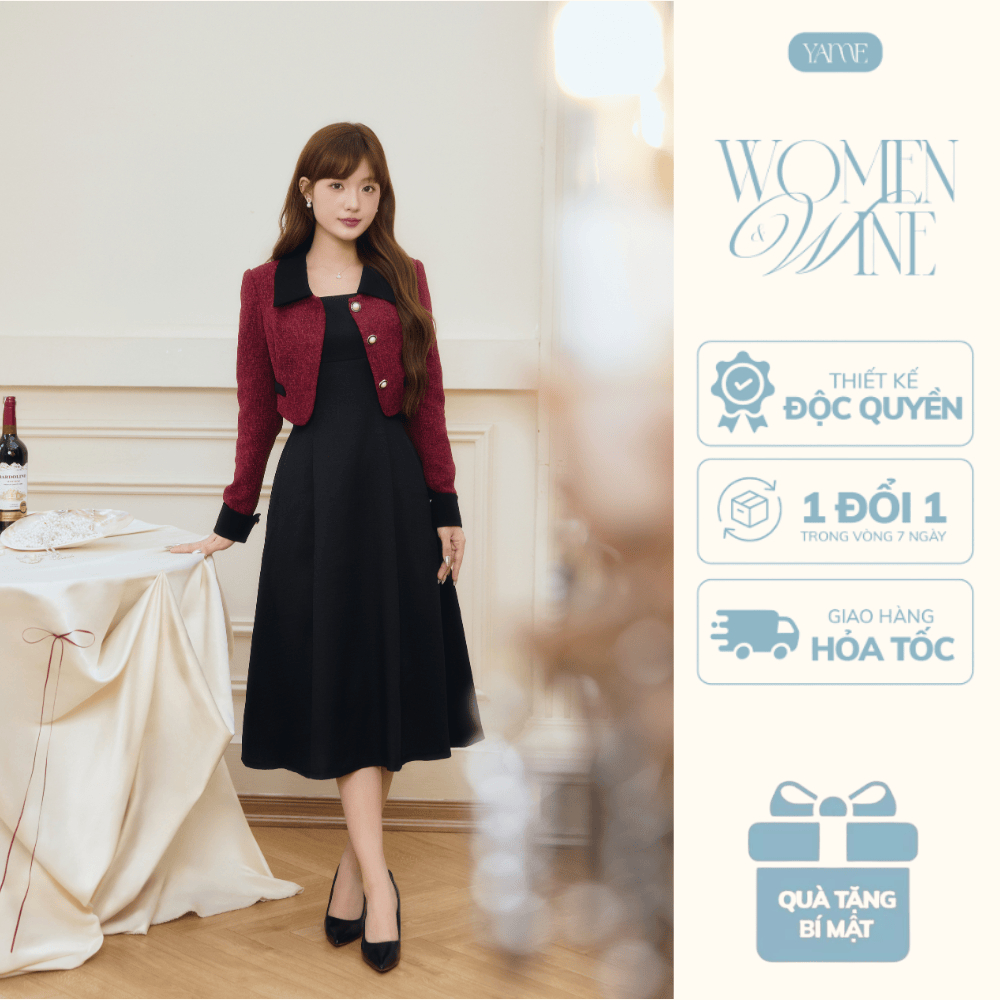 Set Đồ Váy Thiết Kế YAME Áo Khoác Tweed Dạ Tex Đỏ Đô Phối Cổ Đen Kèm Váy Dáng Dài Đen Thanh Lịch Mur
