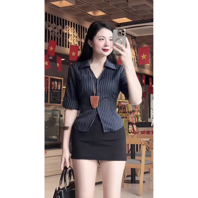 Áo Sơmi Tay Lỡ Cột Nơ Lung Hoạ Tiết Trơn/Kẻ Sọc Có Dây Thắt Eo Phía Sau Ôm Body Quyến Rũ Kieupham.shop | BigBuy360 - bigbuy360.vn