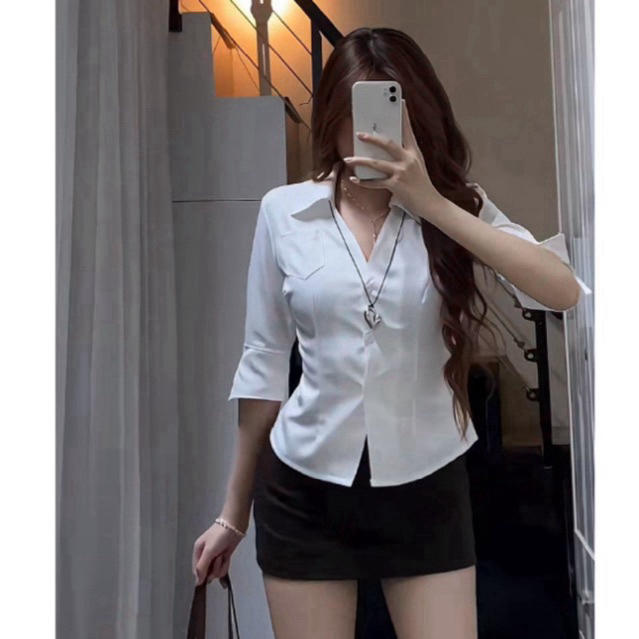 Áo Sơmi Tay Lỡ Cột Nơ Lung Hoạ Tiết Trơn/Kẻ Sọc Có Dây Thắt Eo Phía Sau Ôm Body Quyến Rũ Kieupham.shop | BigBuy360 - bigbuy360.vn