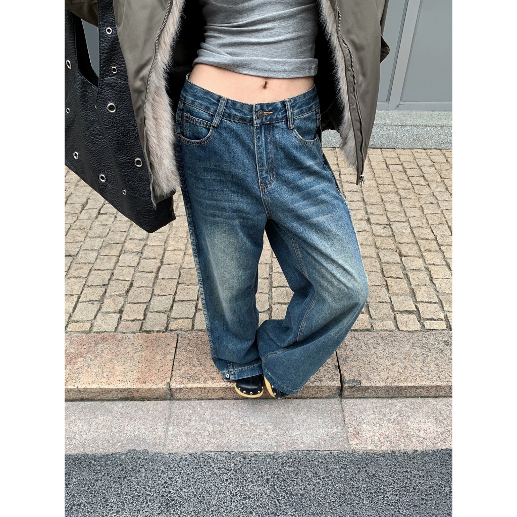 Quần jean nữ Lưng thấp Ống đứng suông Retro Thiết kế Cá tính Đường phố Quần bò jeans nữ Cạp vừa Vint