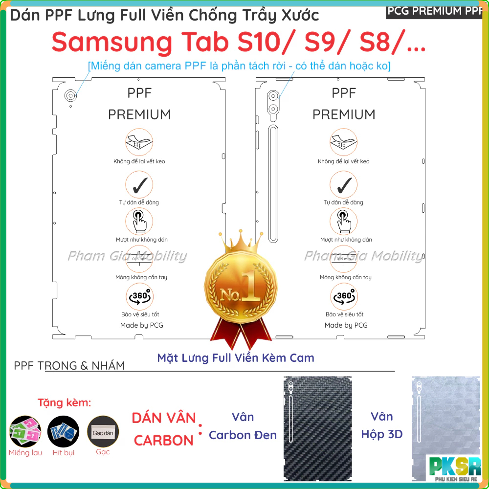Dán PPF Mặt lưng FULL VIỀN dành cho Samsung Tab S10 Ultra/ S9 5G/ S9+ (Plus)/ S9 FE FE+/ S8 Ultra Pl