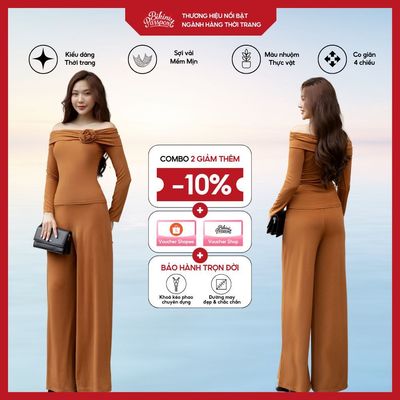 Quần dài nữ BIKINIPASSPORT kiểu ống rộng dáng suông thun gân dẻo - màu Nâu - BPC006_BR