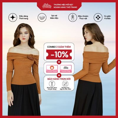 Áo dài tay nữ BIKINIPASSPORT kiểu trễ vai đính hoa thun gân dẻo - màu Nâu - BPC004_BR