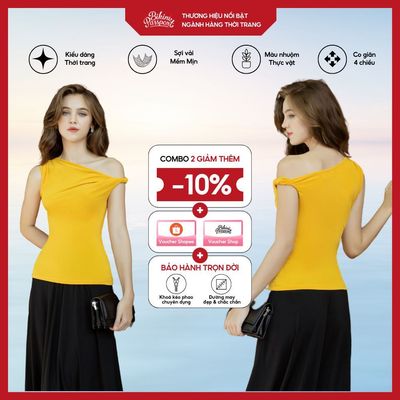 Áo thun nữ BIKINIPASSPORT kiểu xoắn trễ vai thun gân dẻo - màu Vàng - BPC003_YL