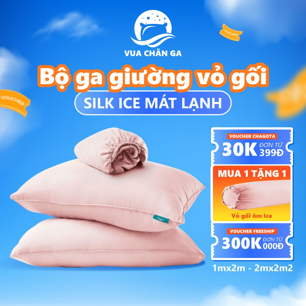 Bộ Ga Gối 3 Món Silk Ice Chagota, Chất Liệu Lụa Mát Lạnh, Bề Mặt Bóng Mịn 1mx2m-2mx2m2 ( 2 Vỏ Gối+1 