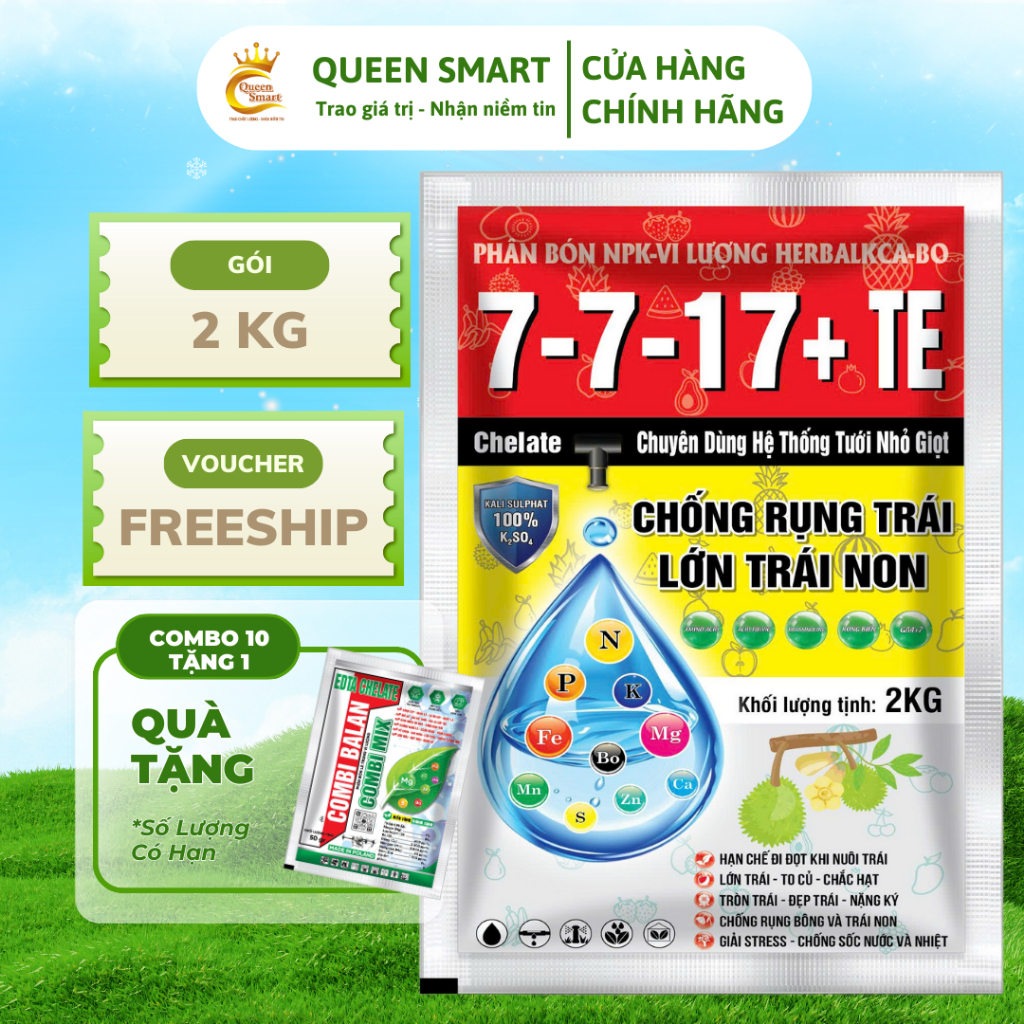 NPK 7 7 17 TE - Gói 2KG - Công nghệ Chelate - Tưới nhỏ giọt - Phân bón Queen Smart phân phối