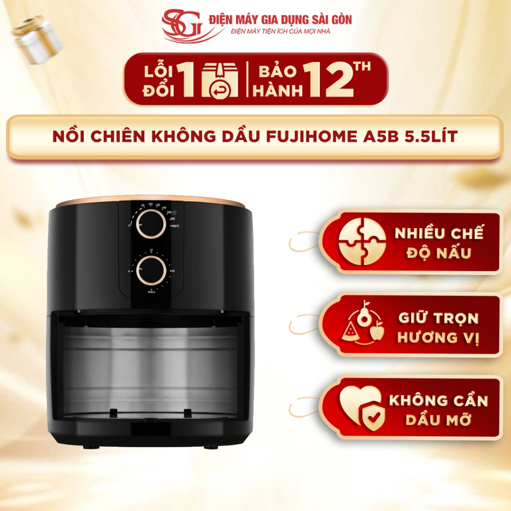 Nồi chiên không dầu Fujihome A5B 5.5L, màu đen với viền vàng đồng, dung lượng lớn, công suất mạnh mẽ 1500W