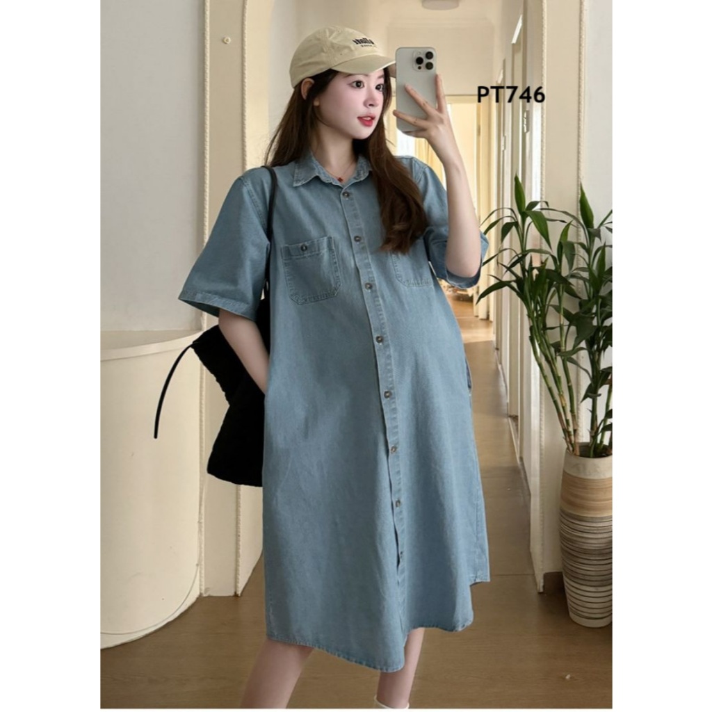 Đầm bầu công sở, đầm Jean sơ mi chất mềm mát, kiểu dáng trẻ trung và năng động cho mẹ bầu PT746