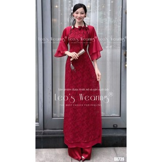  DA739 LEOSWEARING Áo dài cổ yếm nơ tay lửng tầng phối quần suông lụa đỏ 