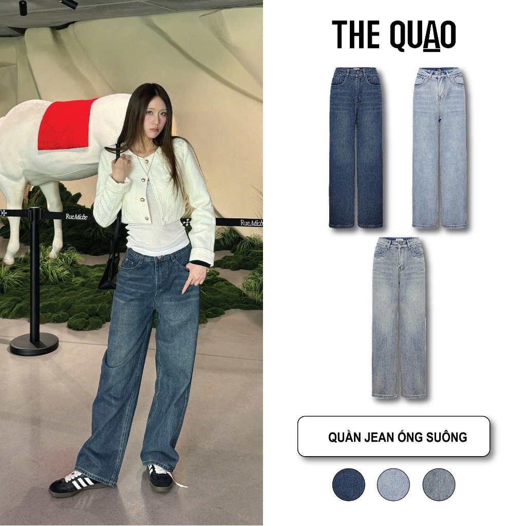 THE QUẠO - Quần Jean Bò Ống Suông Nữ Lưng Cao Màu Xanh Đậm /Xanh Bạc S1506_685