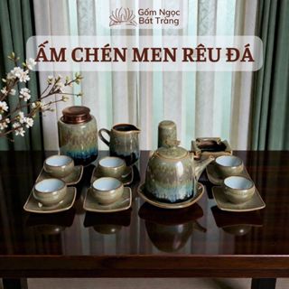  Ấm Chén Pha Chè MEN RÊU 01 Ấm chén Gốm Sứ Bát Tràng Ấm chén uống trà ấm chén tử sa Gốm Ngọc 