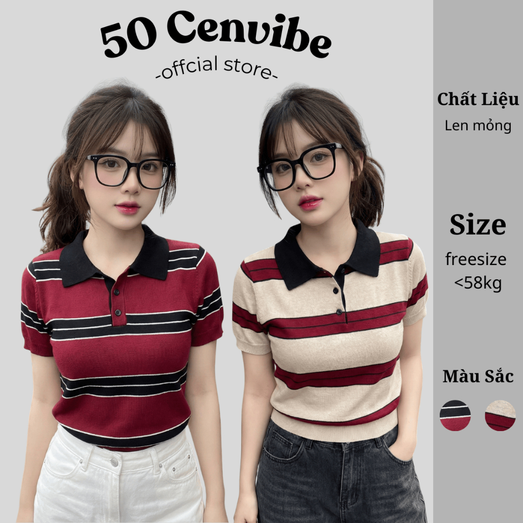 Áo Cộc Tay Kẻ Ngang Dáng Croptop Cổ Polo Chất Len Mỏng 2 Màu Hottrend Phong Cách Korea (50 Cenvibe.C