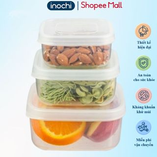  Bộ 3 hộp nhựa Inochi Hokkaido vuông 500-1000-2000ml đựng đồ ăn cơm văn phòng bảo quản thực phẩm 
