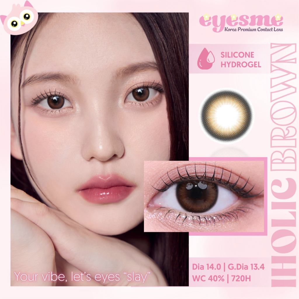 Lens Silicone Hydrogel Eyesme - Iholic Brown -Lens nâu trầm viền đen hack mắt tự nhiên