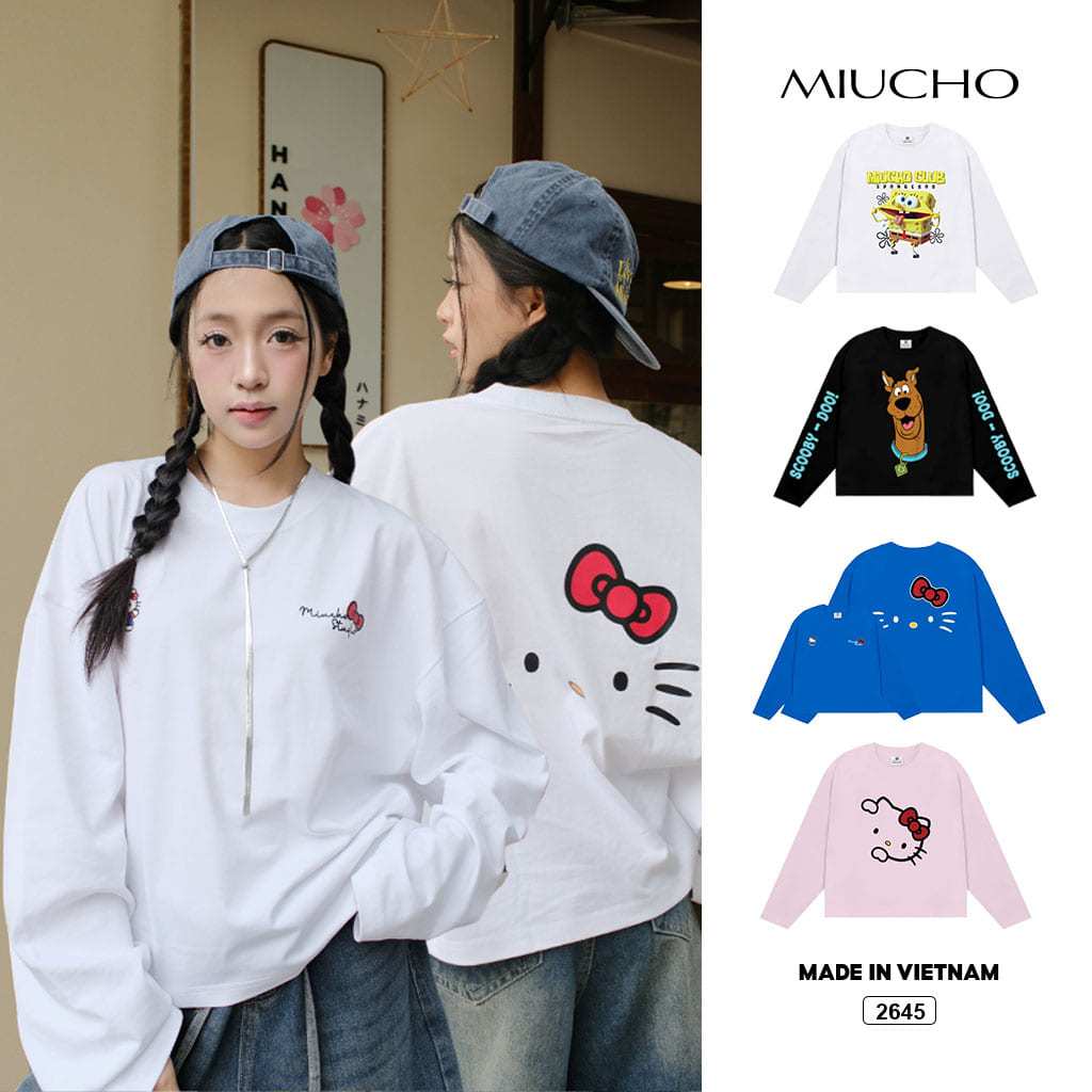 Áo thun boxy tay dài Miucho chất vải thoáng mát cổ tròn đứng form BST hình free style in mix sắc nét