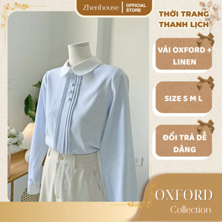  Áo Sơ Mi Nữ Tay Dài Kiểu Dáng Công Sở Hàn Quốc Kẻ Sọc Xanh Cổ Sen Phối Nút - ZhenHouse AK26 