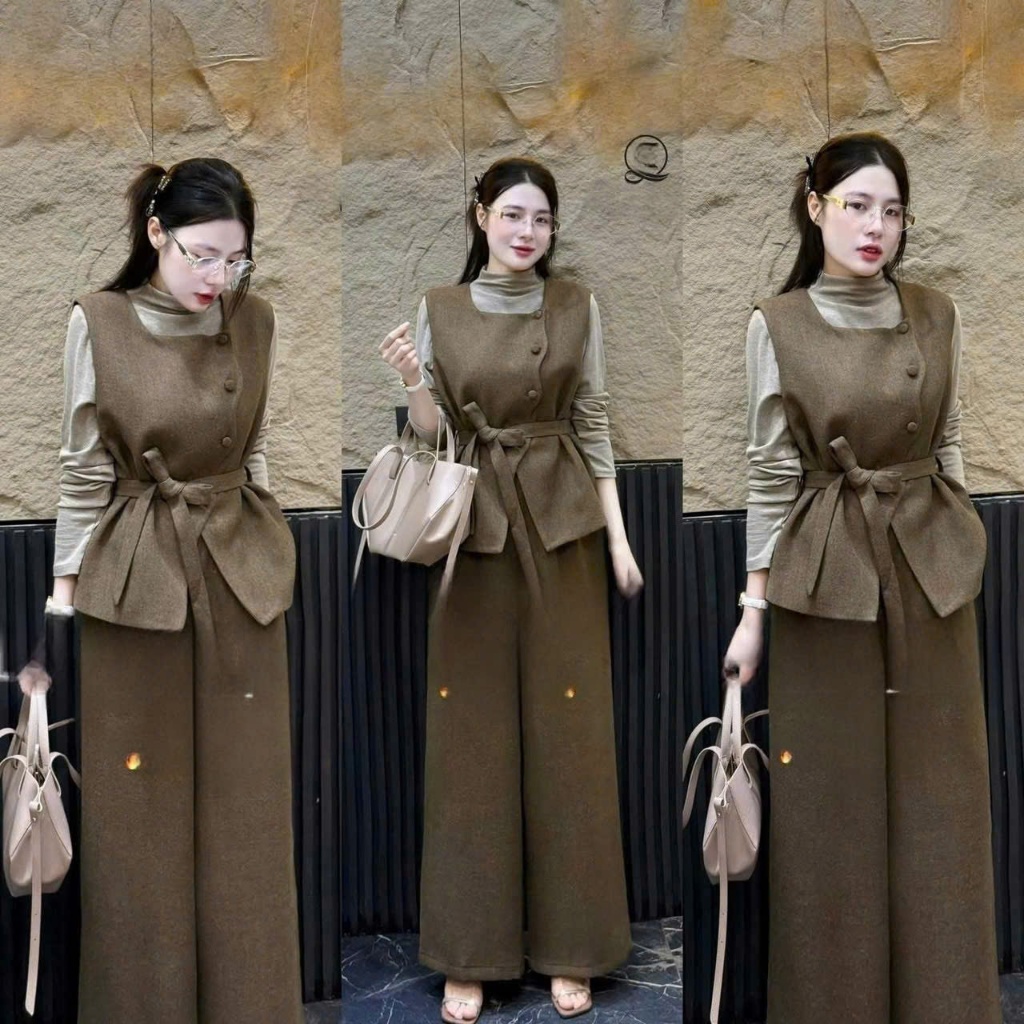 set đồ nữ sang chảnh,set bộ nữ sang chảnh MẪU MỚI RA MẮT bộ dạ 3 chi tiết gile,áo thun quần dh155