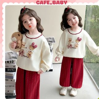   10-23kg  Set Quần Áo Bé Gái Thu Đông Chất Nỉ Dày Ấm Hình Gấu Phối Quần Bom Bo Gấu Màu Đỏ Cho Bé Mặc Tết - Noel -BABY520 