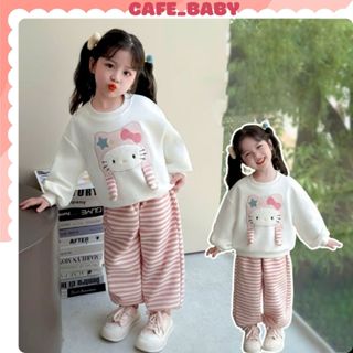   8-25kg  Set Bộ Quần Áo Bé Gái Hàng Nỉ QC Dày Thêu Mèo Màu Hồng Kem Cho Trẻ Em 2-8 Tuổi Mặc Thu Đông Tết Noel -BABY516 