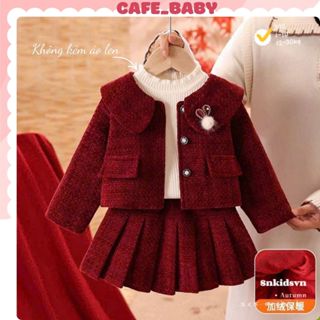   8-28kg  Set Áo Váy Xếp Ly Dạ Tweed Đỏ Đô 2 Lớp Dày Dặn Đính Tai Thỏ Cho Bé Gái Mặc Thu Đông Tết Noel  - BABY542 