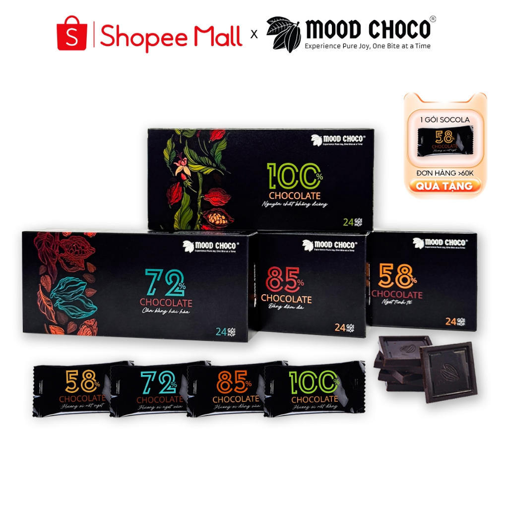 [HỘP 24 GÓI] Socola Đen Đắng Nguyên Chất Ít Đường Dark Chocolate MOOD CHOCO
