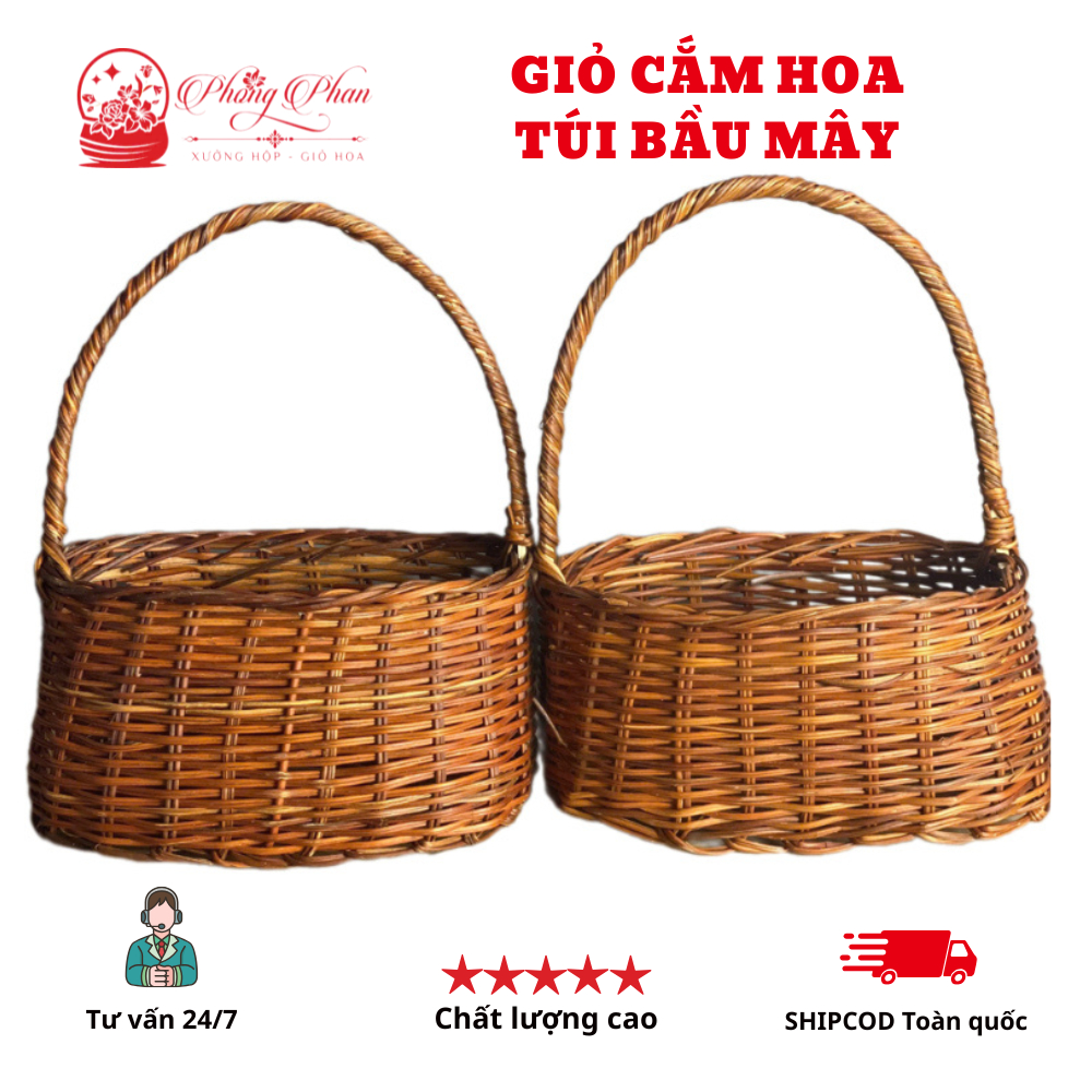 Giỏ Mây Cắm Hoa Hình Túi Bầu – Giỏ Đan Thủ Công – Dùng Cắm Hoa/Trang Trí/Quà Tặng