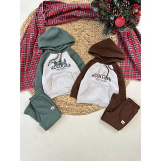  Bộ nỉ hoodie Nâu & Xanh chữ ngực cho bé 