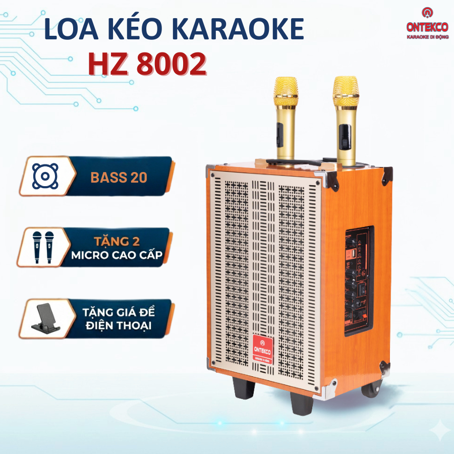 Loa kéo karaoke ONTEKCO Hozing 8002 Loa bluetooth kèm 2 micro Bass 20cm, chống hú cao cấp