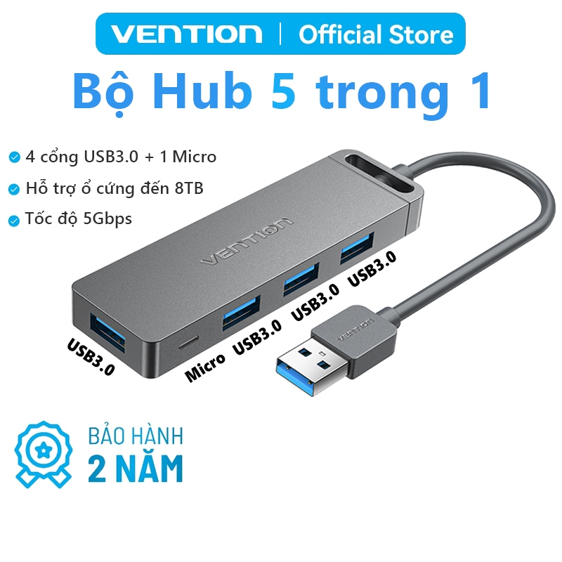 Bộ Hub 5 in 1 Vention 4 Cổng USB 3.0 Tốc Độ Cao 5Gbps , Hỗ Trợ Micro, Dùng Cho Máy Tính, Laptop, Thiết Kế Nhỏ Gọn