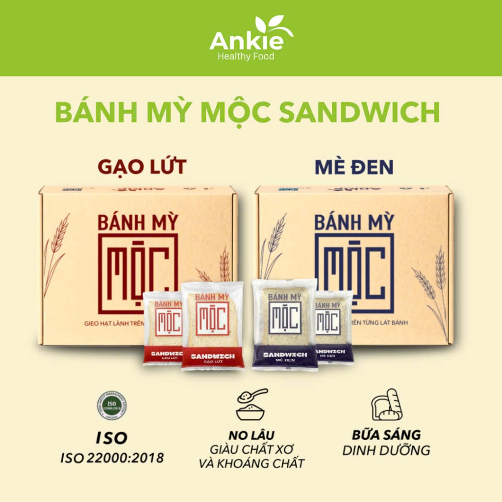 Bánh mỳ Mộc sandwich gạo lứt, mè đen ăn kiêng cho người tiểu đường ANKIE - Gói 55g / Hộp 6 Gói