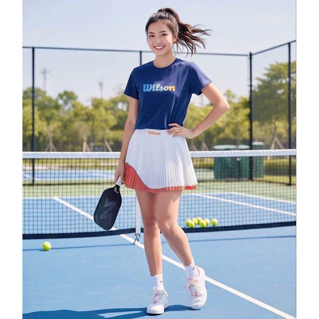 🎾 [ Hàng loại 1]  Set Đồ Tập Pickleball Nữ Áo Thun Wilson + Chân Váy Tennis Xếp Ly 2 Lớp Siêu Đẹp – 