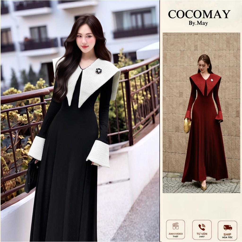  COCOMAY Đầm phối cổ Tweed form maxi dài thanh lịch - Tặng kèm cài hoa Trà 