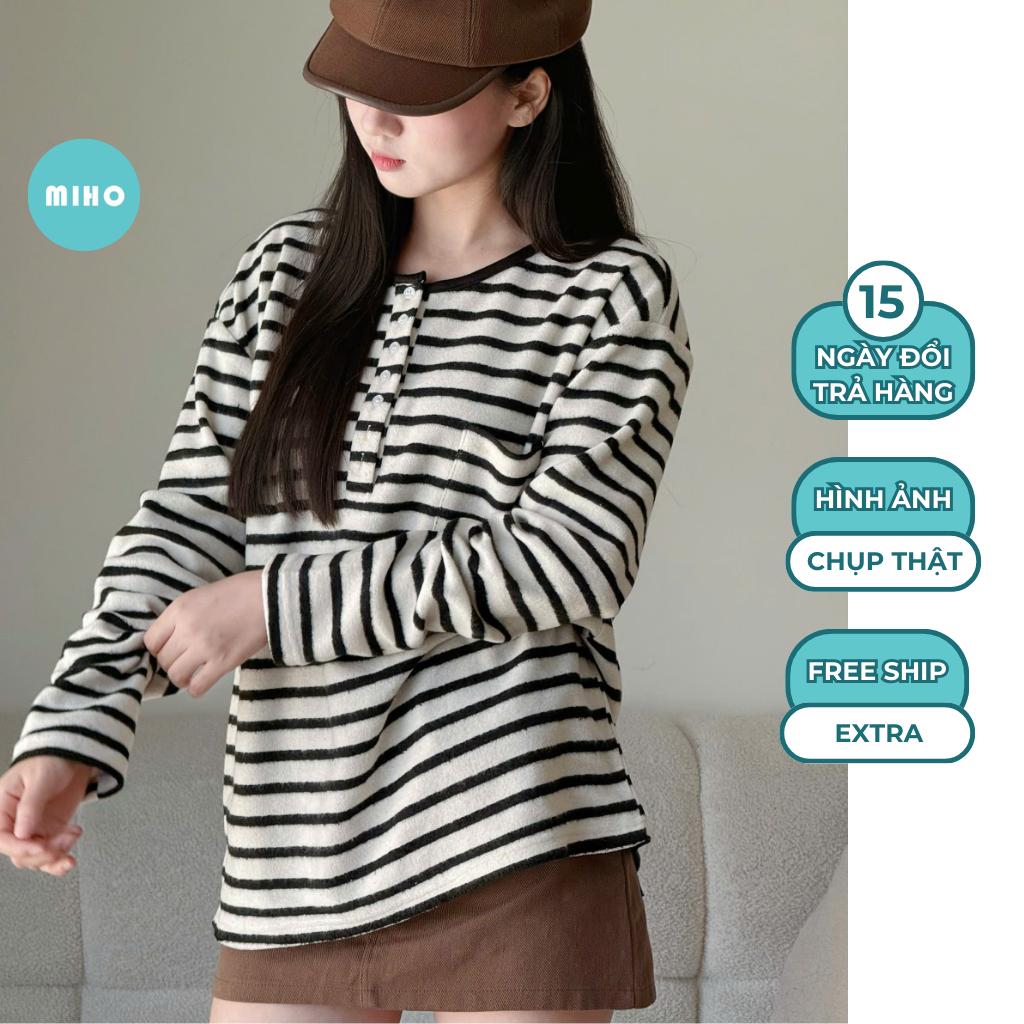 Áo Thun Lông Kẻ Ngang To Cúc Xẻ Viền Dáng Rộng Miho House | BigBuy360 - bigbuy360.vn