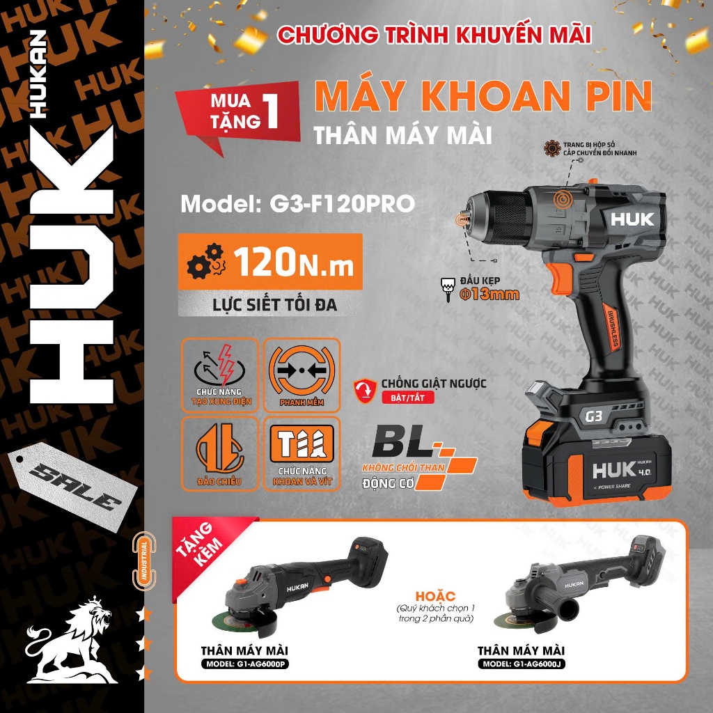 [120Nm] Máy khoan không chổi than HUKAN G3-F120PRO, Lực siết 120Nm, Có Anti_kickback - Có Tạo xung