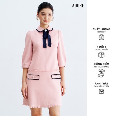 512DR1143 - Đầm mini A tech hồng pastel cổ rua đính nơ ADORE