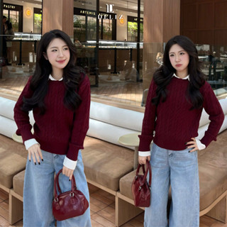   DELIZ  - Áo len cổ tròn dài tay vặn thừng màu đỏ dáng trơn basic form rộng len dày AL69 