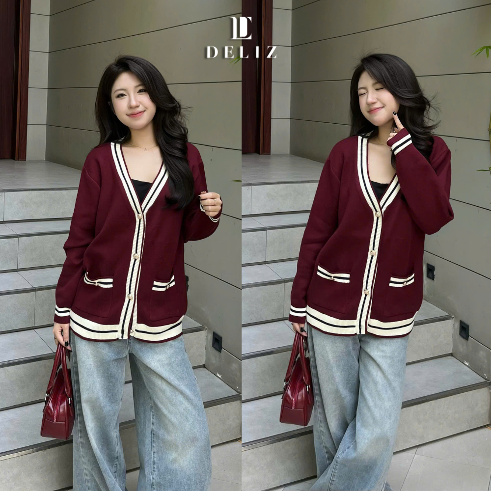 [DELIZ] Áo cardigan form rộng cho nữ chất len lông thỏ cao cấp phối viền CD100