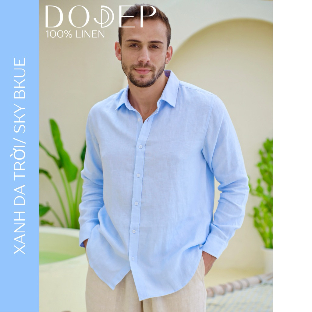 DODEP Áo sơmi nam 100% linen premium tay dài màu xanh da trời