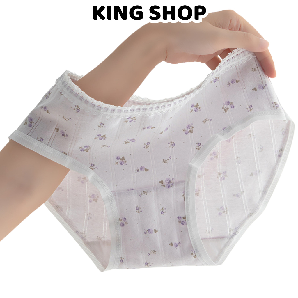 Quần Lót Nữ Cotton Nơ Hoa Tím Trắng Xinh, Quần Chip Viền Mềm Thoáng Mát Đáy 2 Lớp King Shop L-1133