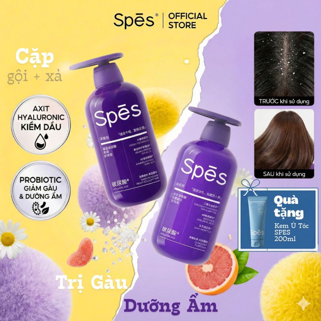  Dầu Gội Xả Trị Gàu Hương Bưởi Muối Biển SPES Bản Nâng Cấp Với Thành Phần Axit Hyaluronic Kiềm Dầu Hiệu Quả 