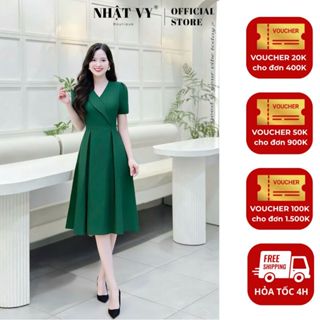  Đầm công sở Nhật Vy cổ V bèo cách điệu form dáng xoè chất lụa phù hợp đi chơi - D3462 