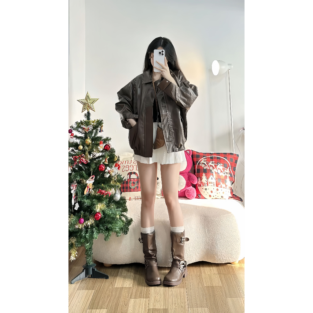 ( HÀNG ĐẸP CÓ SẴN ) Áo da biker FORM TO QC túi hộp 2 lớp , Áo bomber da bo gấu phong cách Retro - BUN222 | BigBuy360 - bigbuy360.vn
