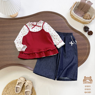  Set cho bé COCANDY -Set áo dài ĐỎ yếm hoa nhí cổ viền bèo và Quần dài suông XANH DENIM nẹp nhỏ be E0031,Q4201 