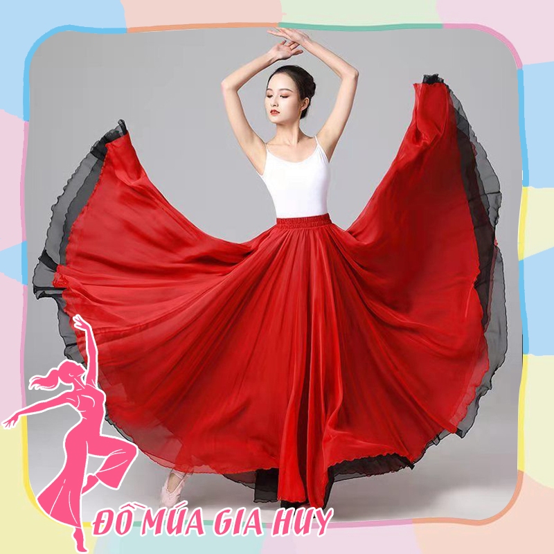 Váy múa 720 độ 2 lớp cao cấp mặc được 2 mặt đen và đỏ, váy múa Trung Hoa MQ16