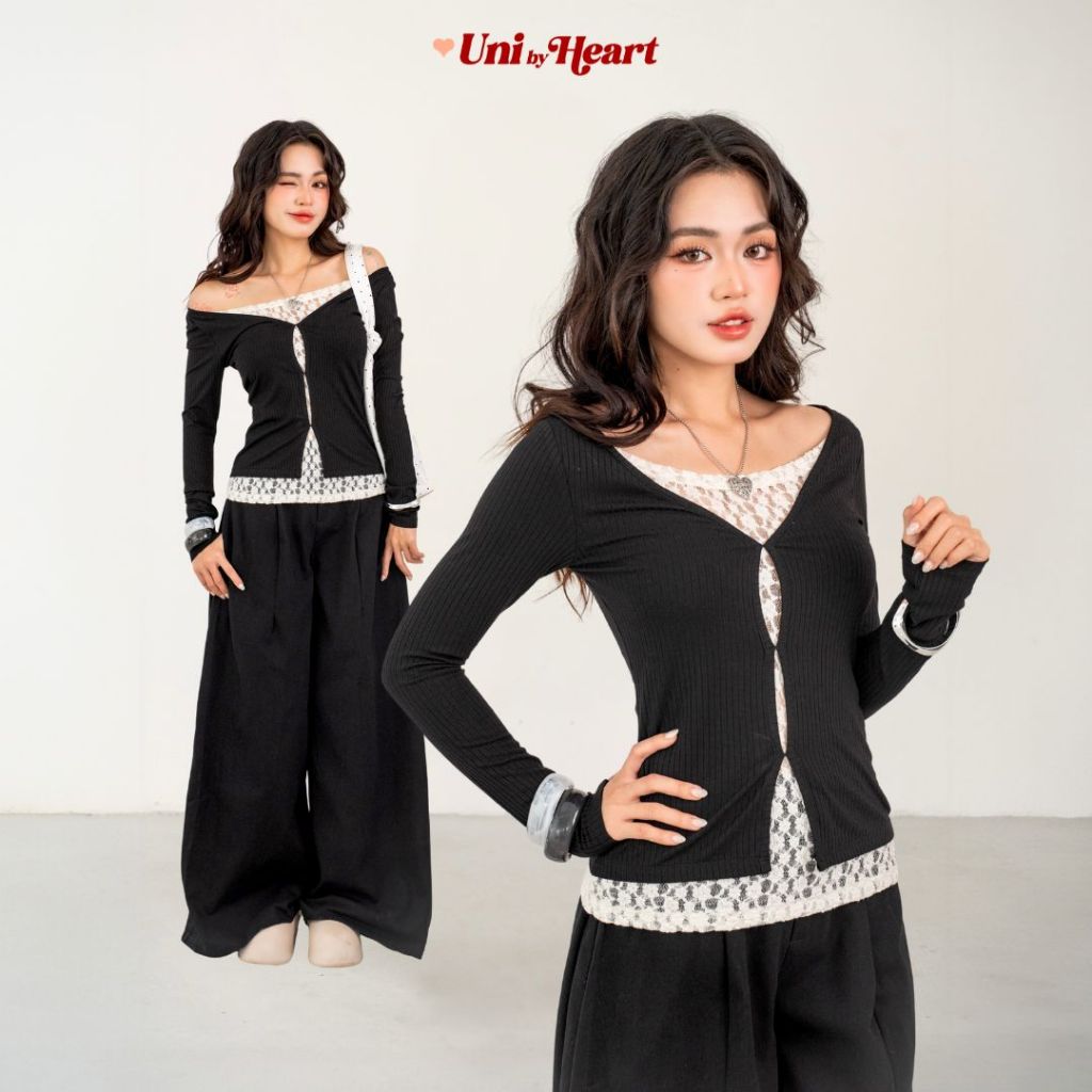 Áo thun ren dài tay Lacie Top AGN015 kiểu dáng layer, ôm body - Uni By Heart