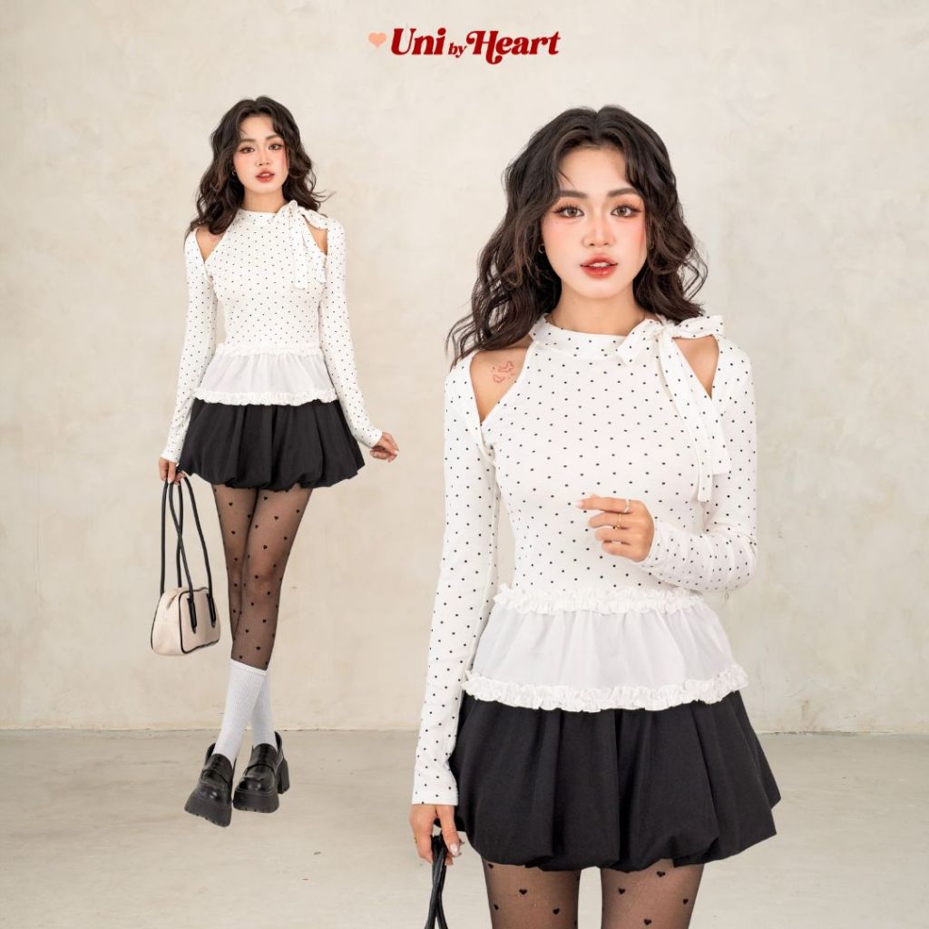 Áo thun chấm bi Airi Top AGN013 phối bèo, cổ nơ, khoét vai - Uni By Heart