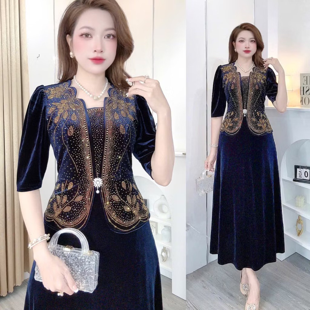 Váy Nhung Trung Niên Thiết Kế Dáng Váy Dài Cùng Chi Tiết Đính Đá Và Ngọc Nổi Bật, Cuốn Hút Từ Shop Y