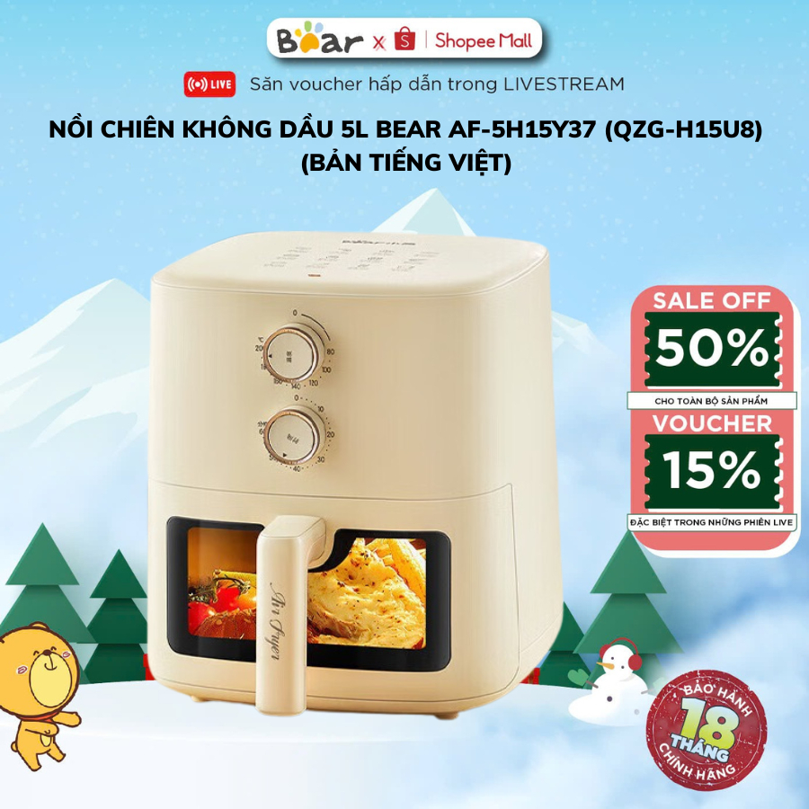Nồi Chiên Không Dầu 5L Bear AF-5H15Y37 (QZG-H15U8), 1500W, Điều Khiển Núm Cơ, Mặt Kính Dễ Quan Sát