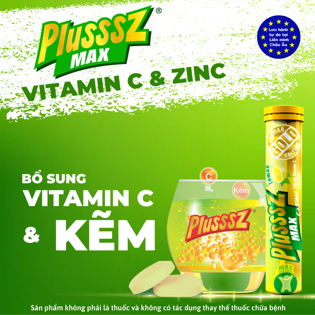 PLUSSSZ MAX VITAMIN C + ZINC - VIÊN SỦI VITAMIN C & KẼM VỊ CHANH - TUÝP 20 VIÊN